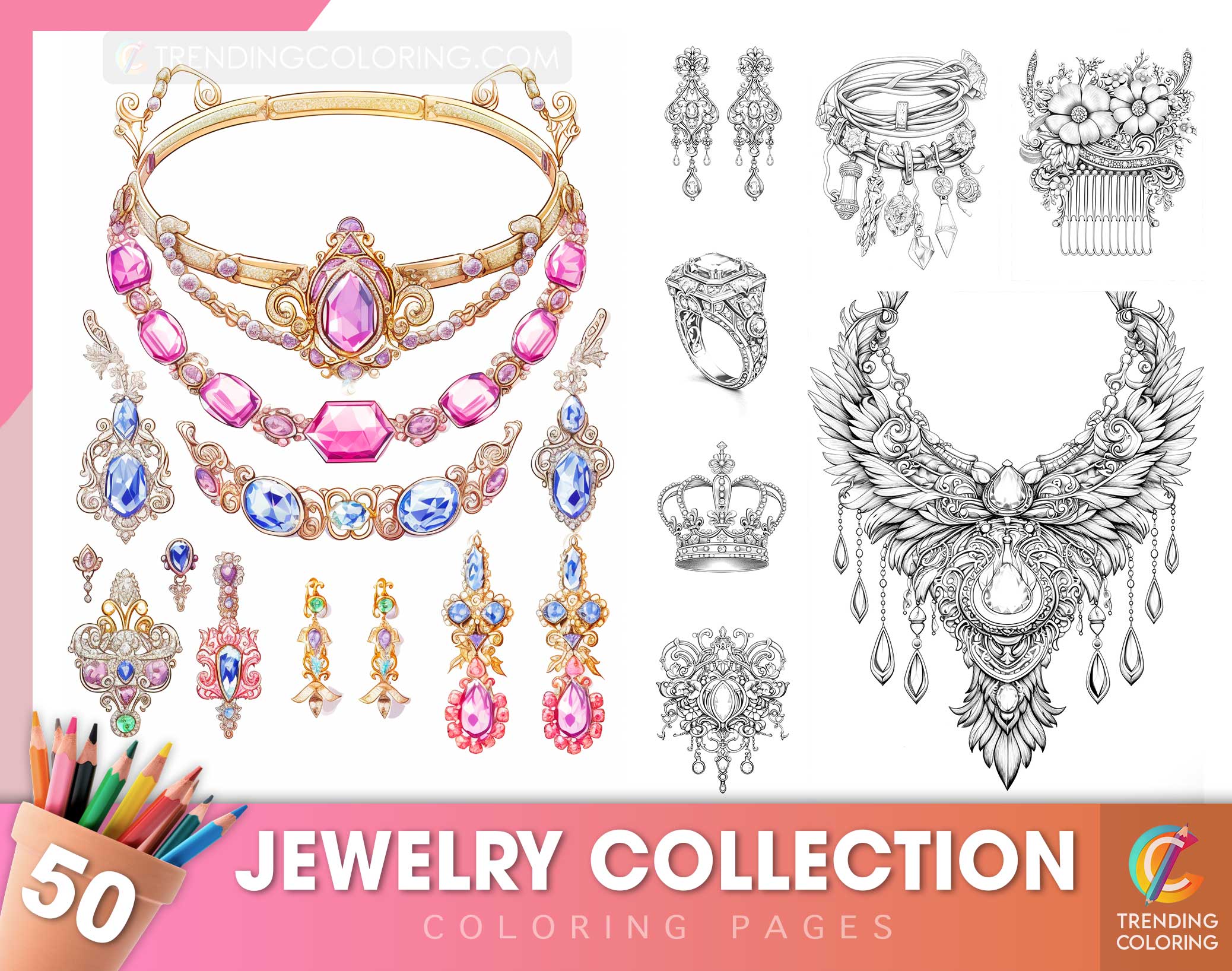 50 Jewelry Collection Coloring Pages - Instant Download - Printable PD