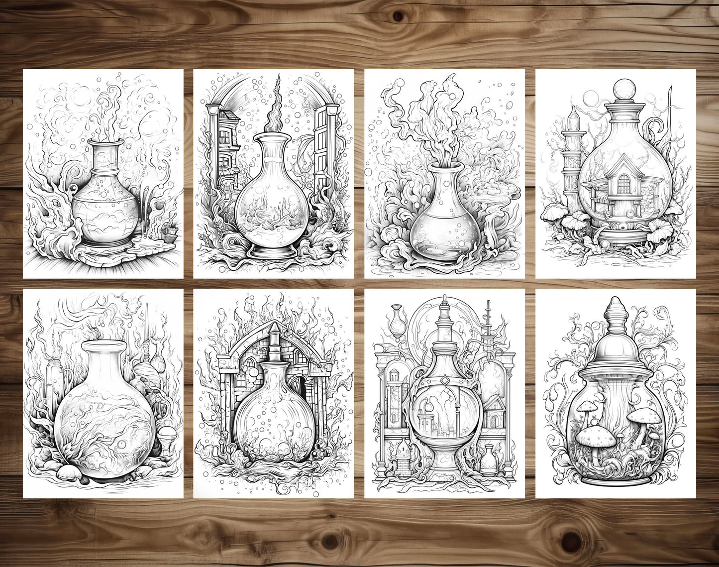 50 Magic Potion Grayscale Coloring Pages - Halloween Coloring - Instant Download - Printable PDF