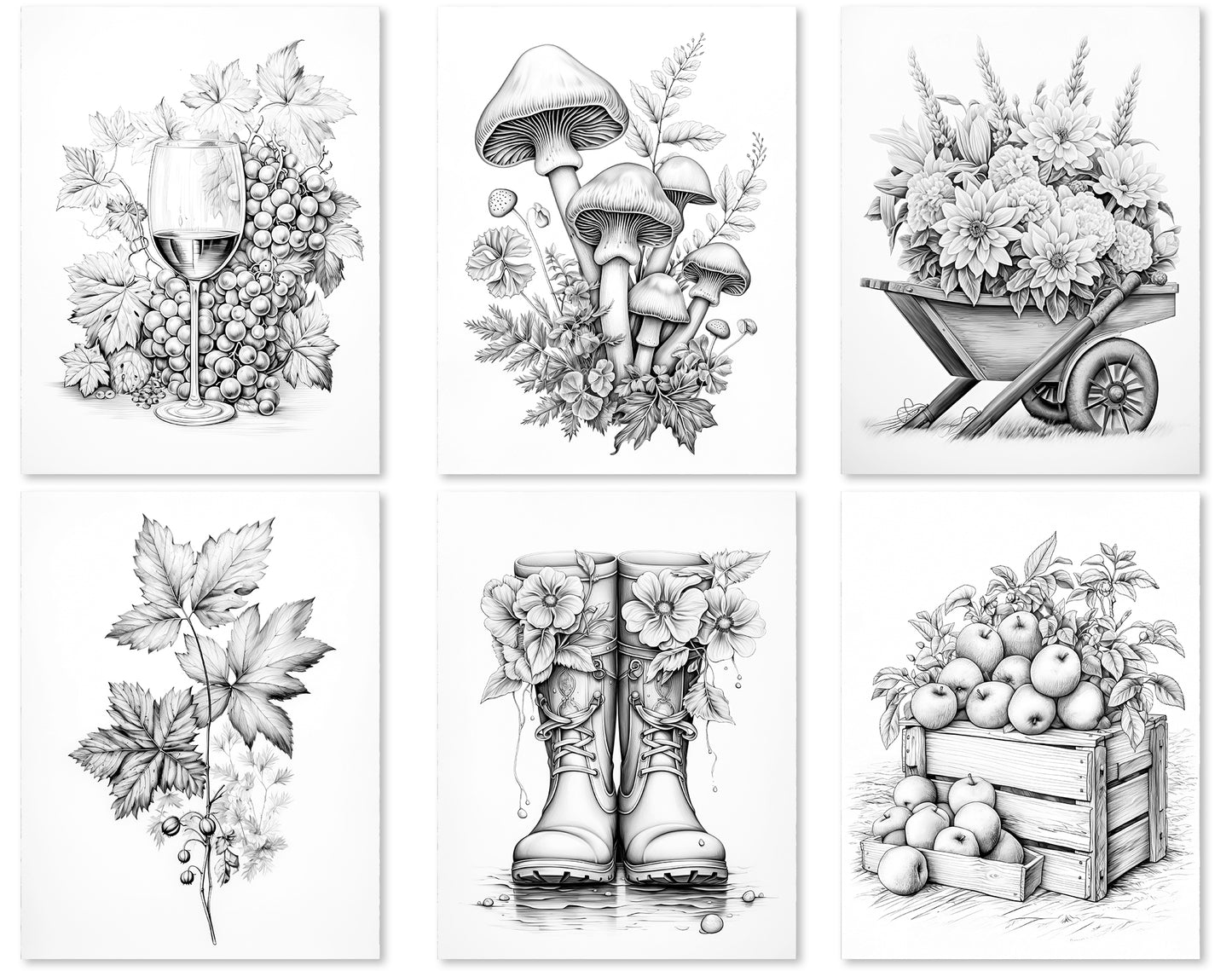 50 Minimalist Autumn Grayscale Coloring Pages - Instant Download - Printable PDF Dark/Light
