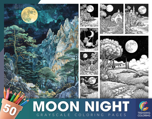 50 Moon Night Grayscale Coloring Pages - Instant Download - Printable PDF Dark/Light