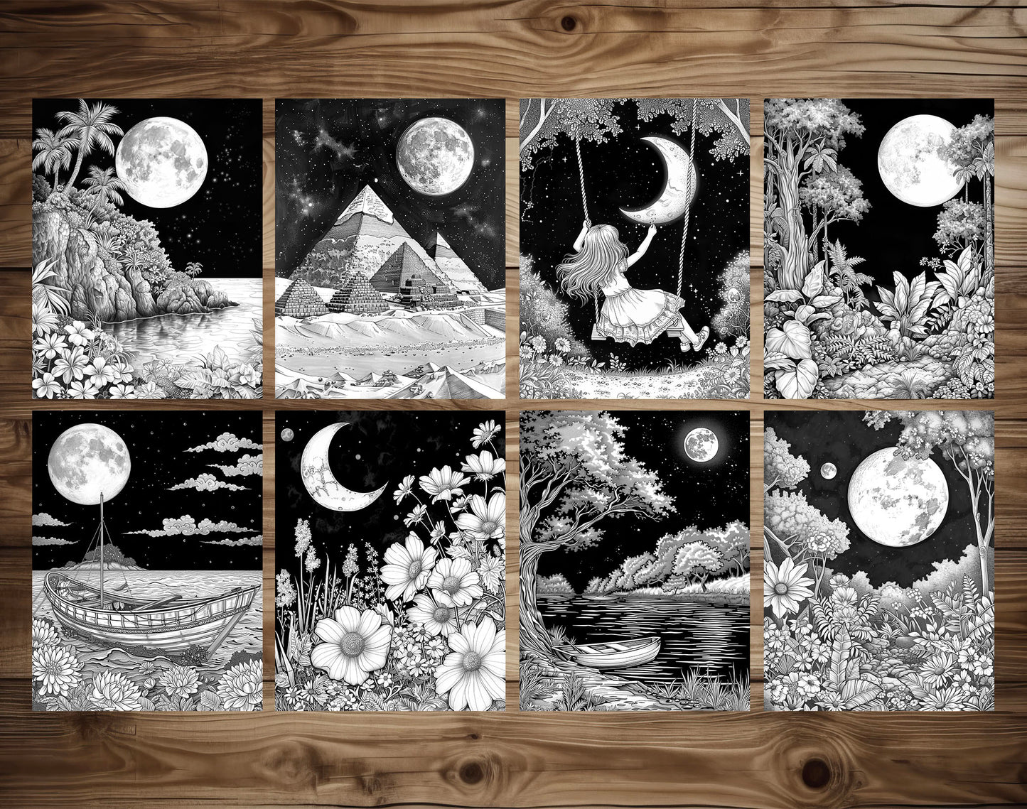 50 Moon Night Grayscale Coloring Pages - Instant Download - Printable PDF Dark/Light
