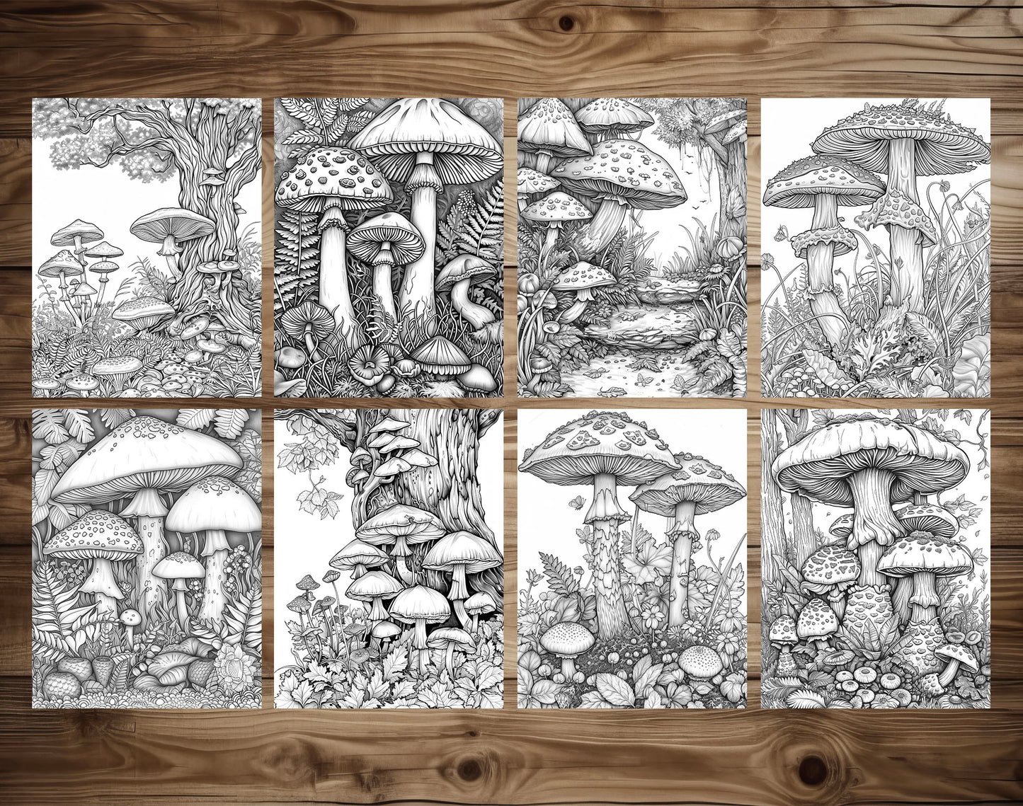 50 Mushroom Forest 2 Grayscale Coloring Pages - Instant Download - Printable PDF Dark/Light