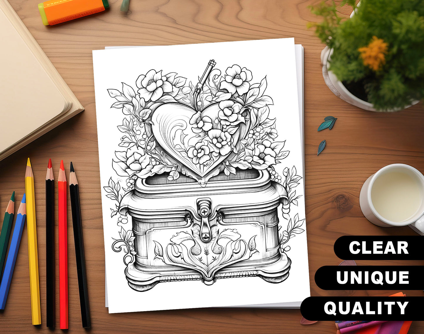 50 Music Box Grayscale Coloring Pages - Instant Download - Printable PDF Dark/Light