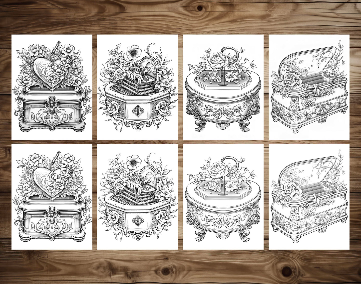 50 Music Box Grayscale Coloring Pages - Instant Download - Printable PDF Dark/Light