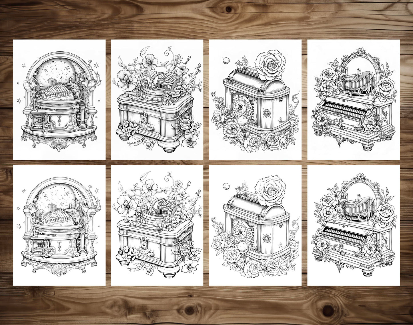 50 Music Box Grayscale Coloring Pages - Instant Download - Printable PDF Dark/Light