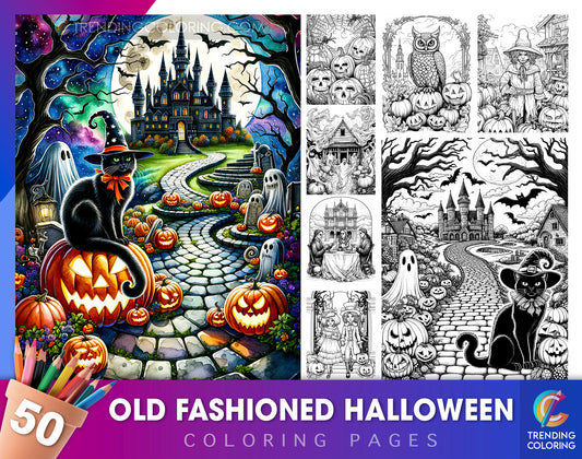 50 Old Fashioned Halloween Coloring Pages - Instant Download - Printable PDF