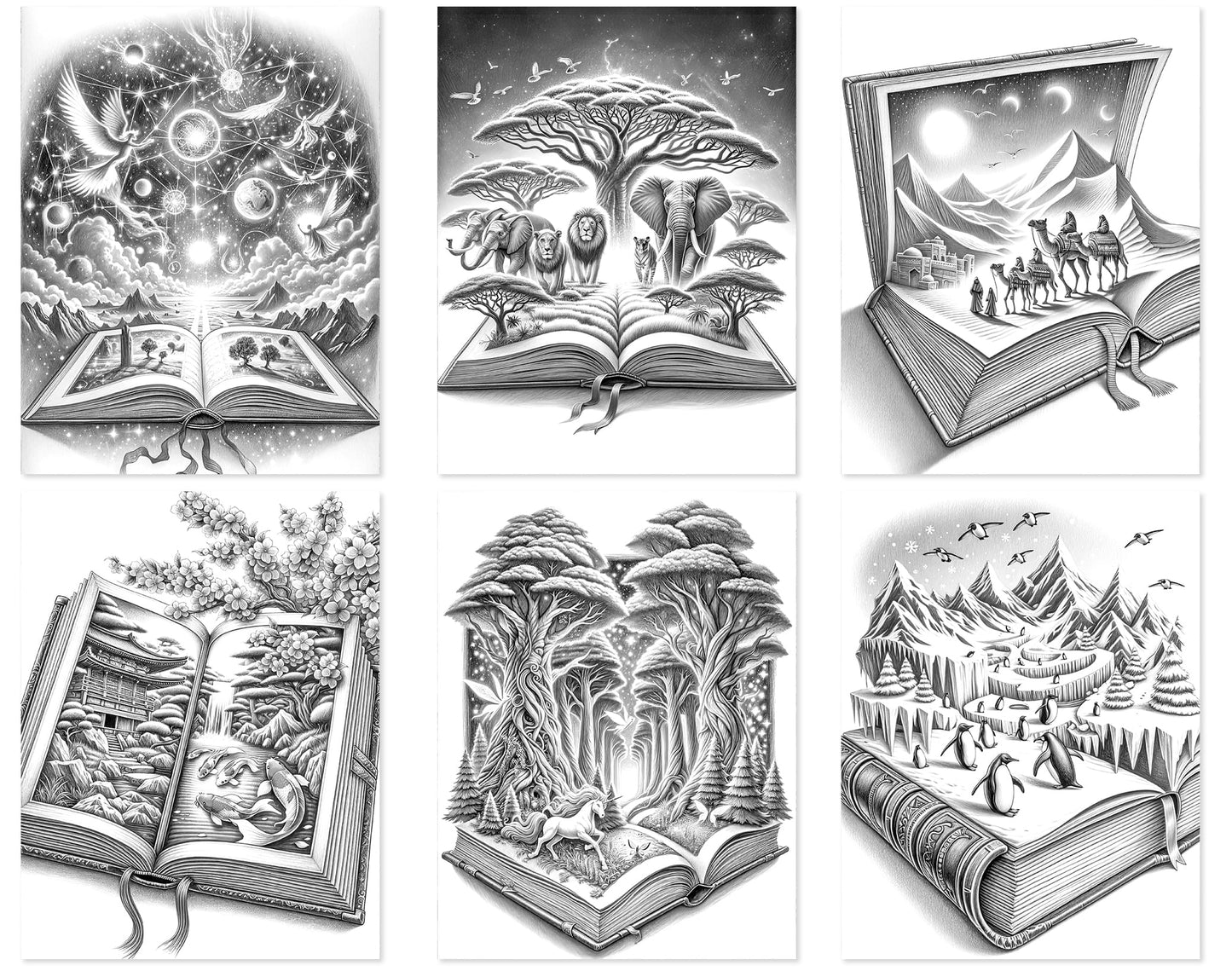 50 Open Magic Book 2 Grayscale Coloring Pages - Instant Download - Printable PDF Dark/Light