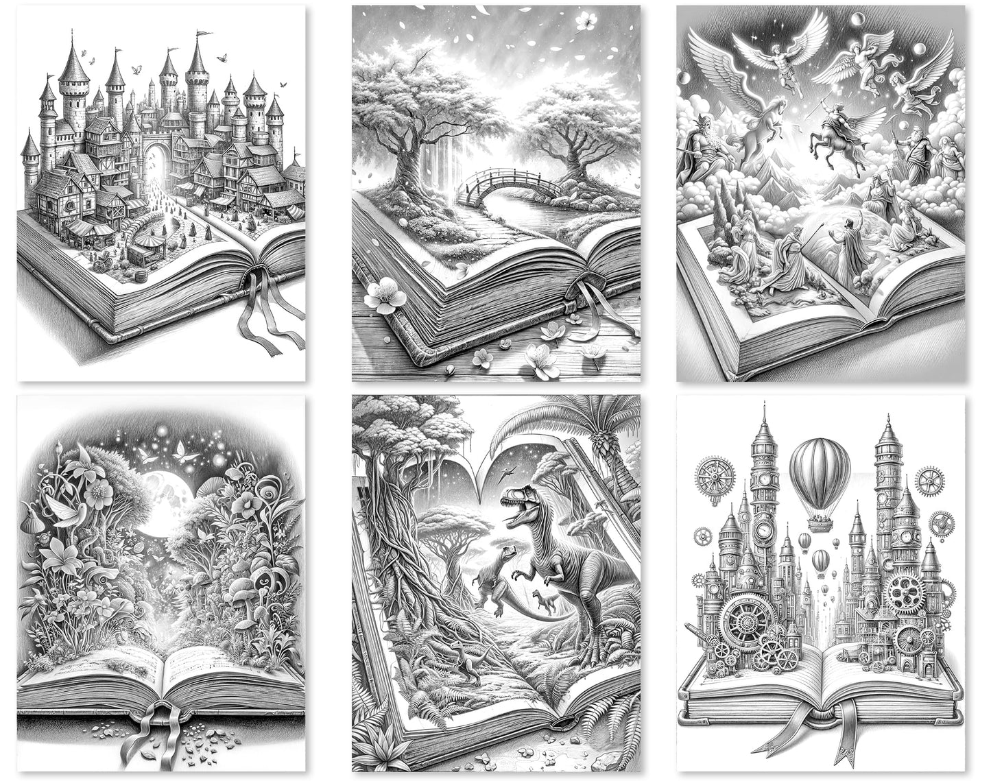 50 Open Magic Book 2 Grayscale Coloring Pages - Instant Download - Printable PDF Dark/Light