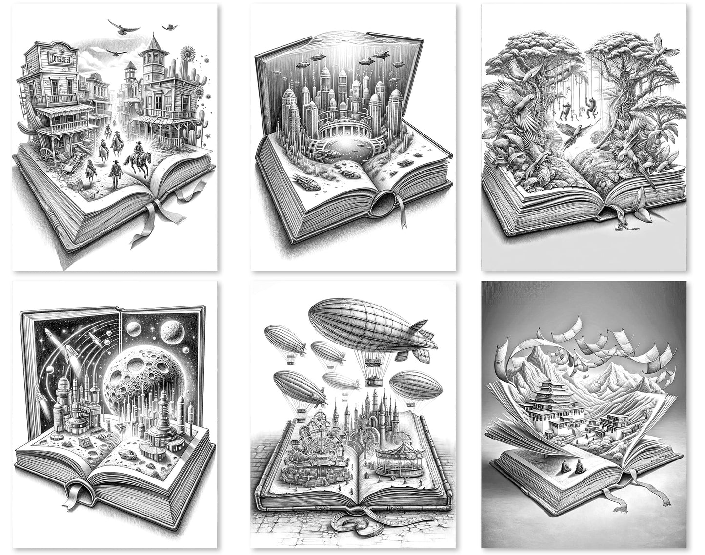 50 Open Magic Book 2 Grayscale Coloring Pages - Instant Download - Printable PDF Dark/Light