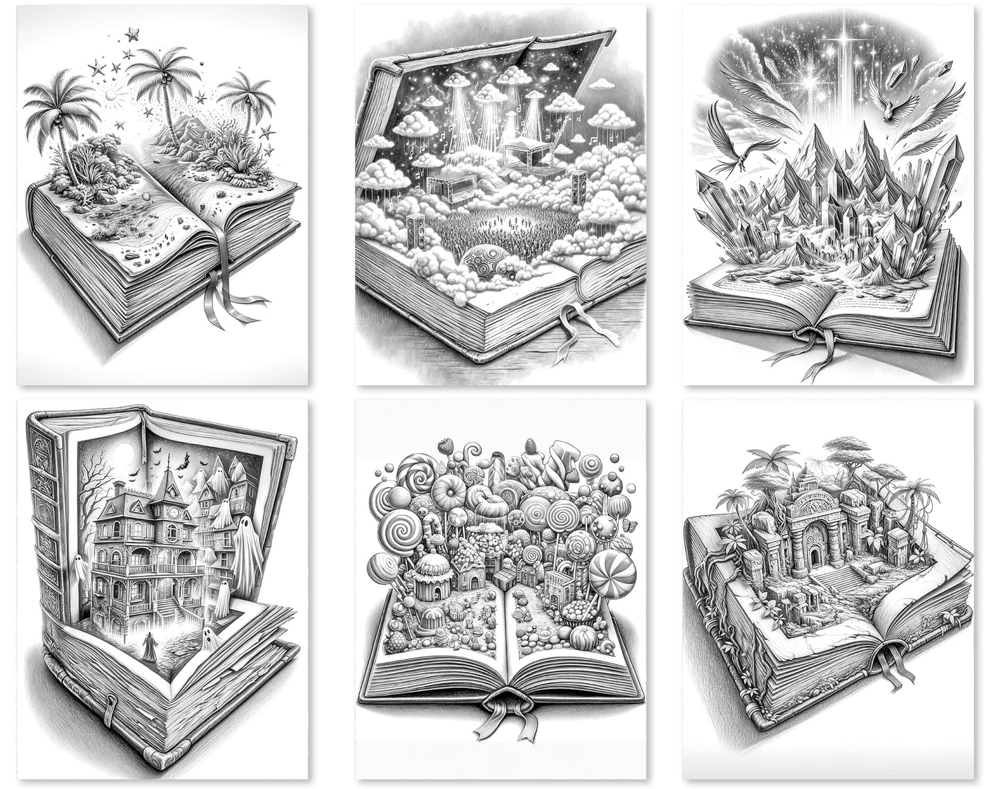 50 Open Magic Book 2 Grayscale Coloring Pages - Instant Download - Printable PDF Dark/Light