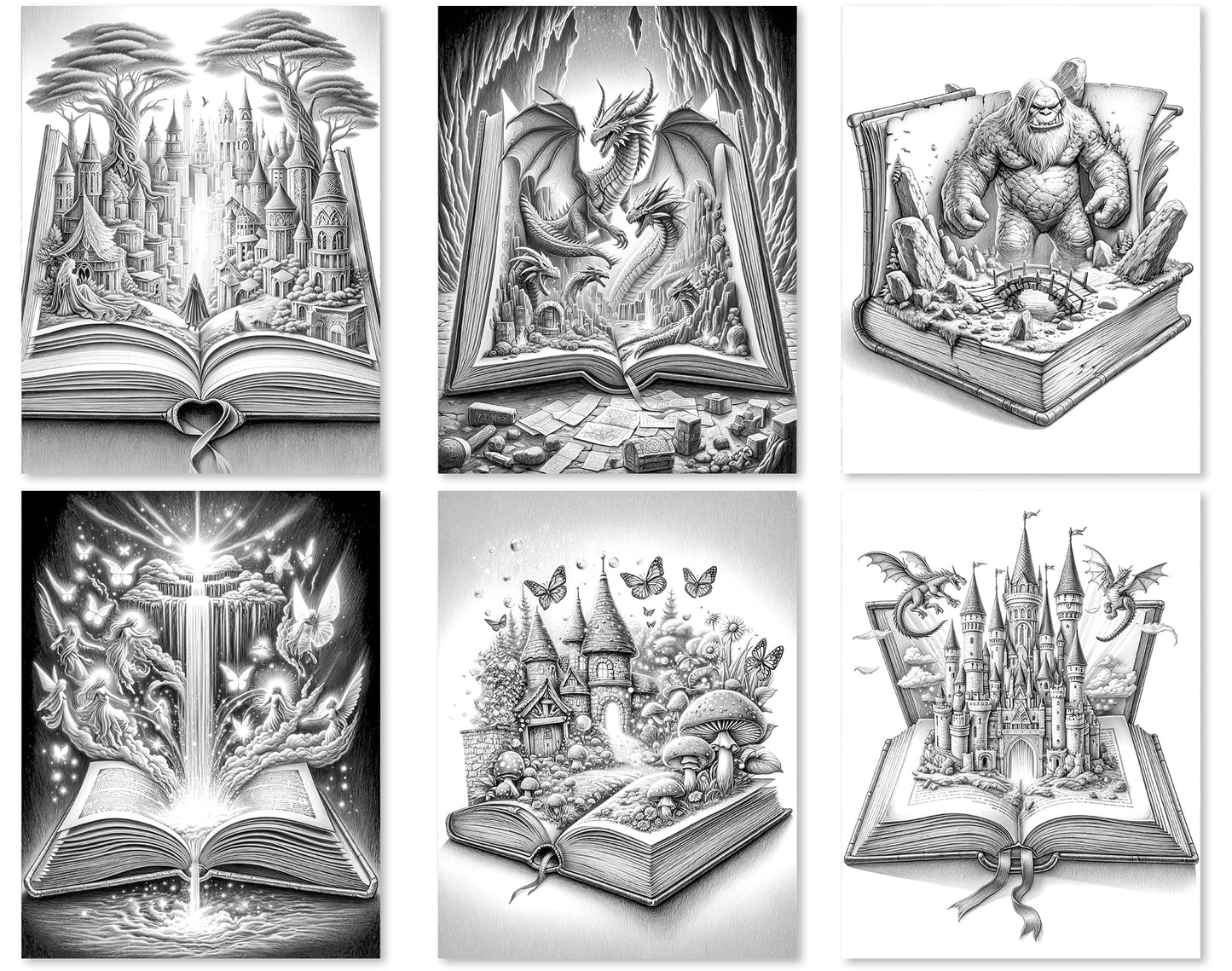 50 Open Magic Book 2 Grayscale Coloring Pages - Instant Download - Printable PDF Dark/Light