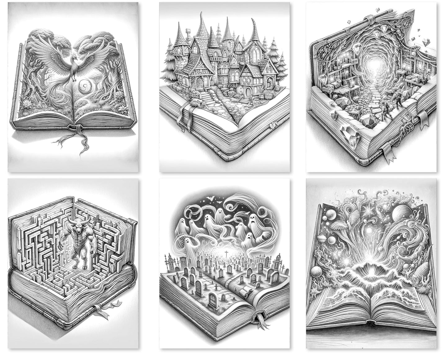 50 Open Magic Book 2 Grayscale Coloring Pages - Instant Download - Printable PDF Dark/Light
