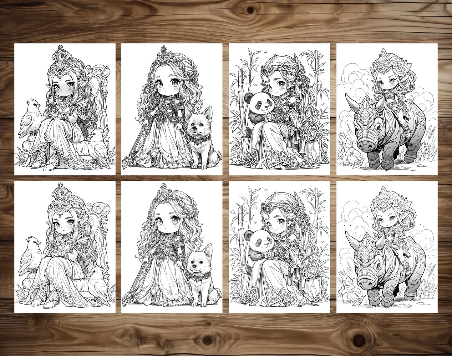 50 Princess Of Animal Grayscale Coloring Pages - Instant Download - Printable PDF Dark/Light