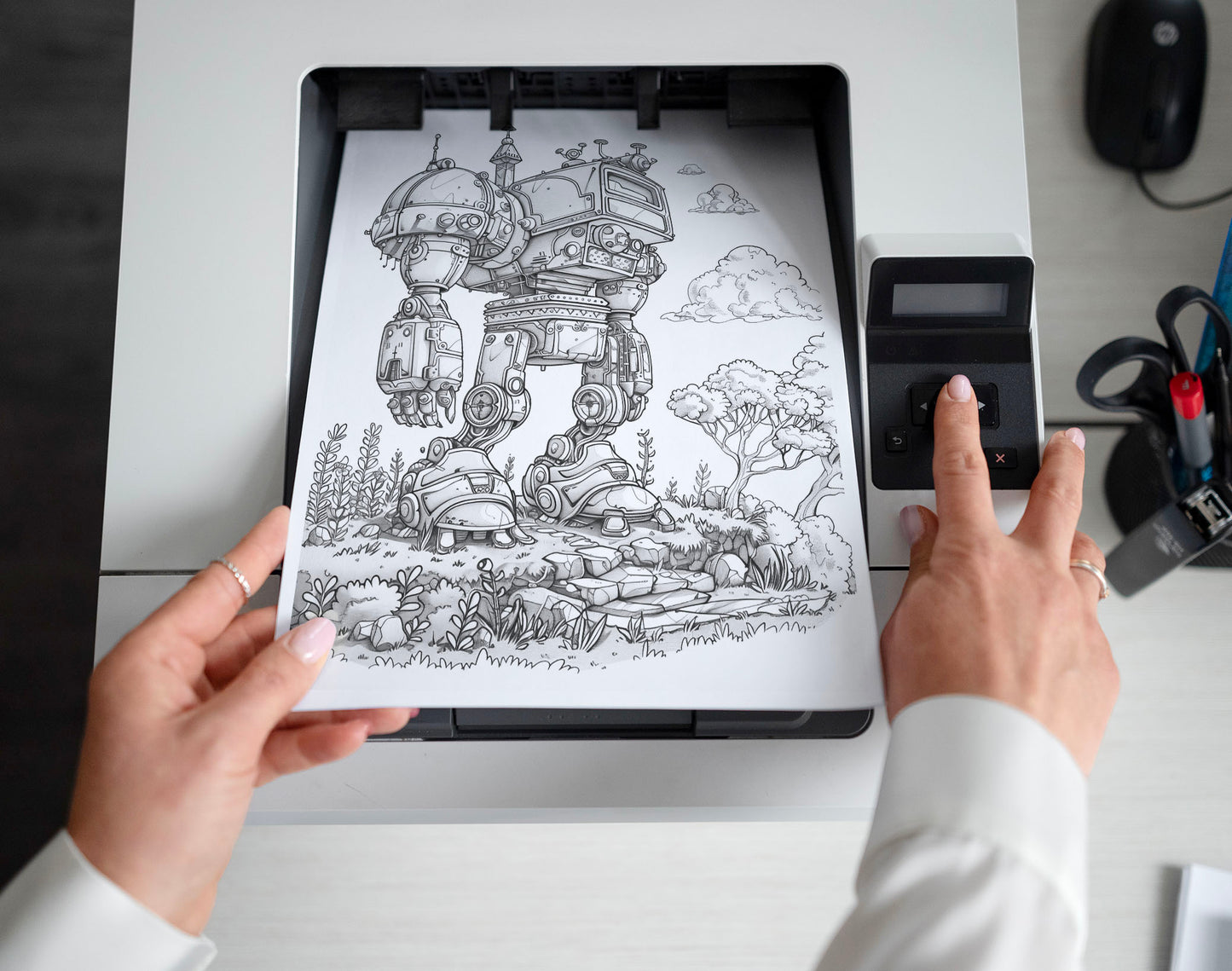 50 Robot World Grayscale Coloring Pages - Instant Download - Printable PDF Dark/Light