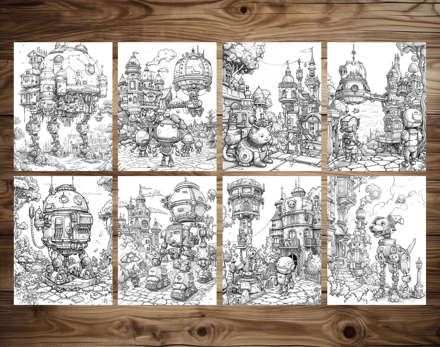 50 Robot World Grayscale Coloring Pages - Instant Download - Printable PDF Dark/Light