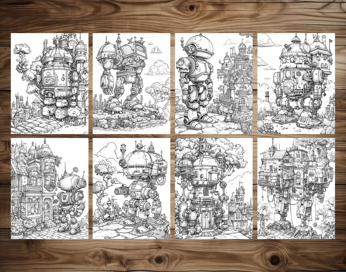 50 Robot World Grayscale Coloring Pages - Instant Download - Printable PDF Dark/Light