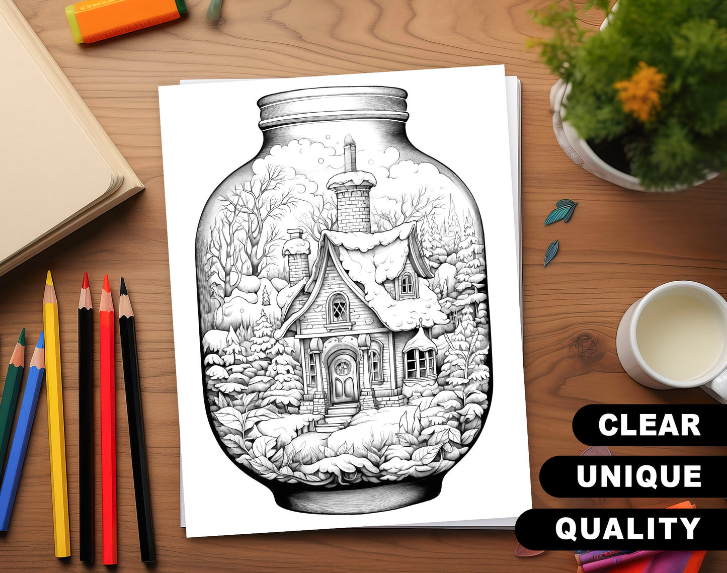 50 Snow House In Jar Grayscale Coloring Pages - Instant Download - Printable PDF Dark/Light