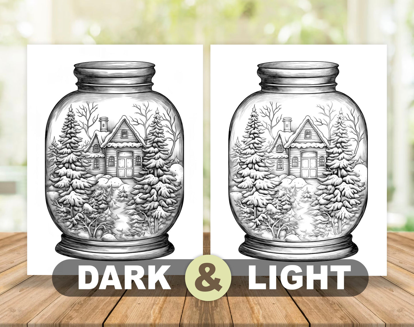 50 Snow House In Jar Grayscale Coloring Pages - Instant Download - Printable PDF Dark/Light
