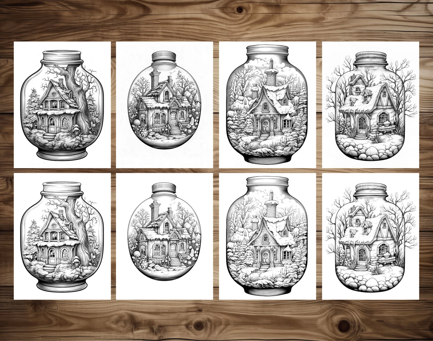 50 Snow House In Jar Grayscale Coloring Pages - Instant Download - Printable PDF Dark/Light