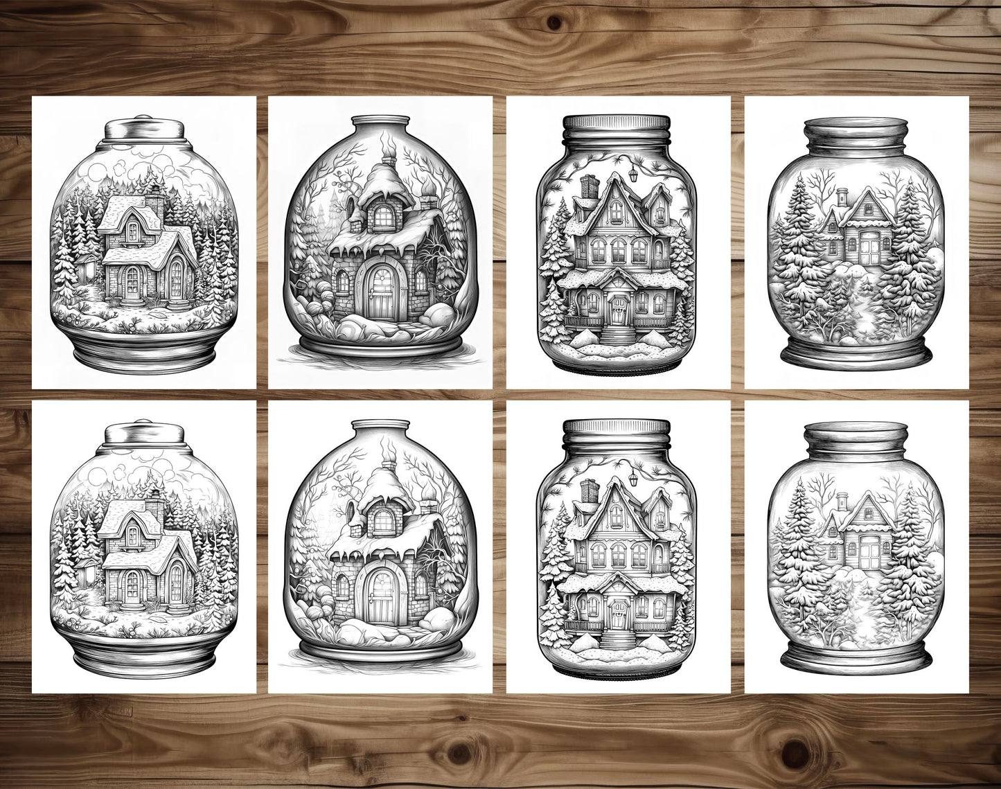 50 Snow House In Jar Grayscale Coloring Pages - Instant Download - Printable PDF Dark/Light