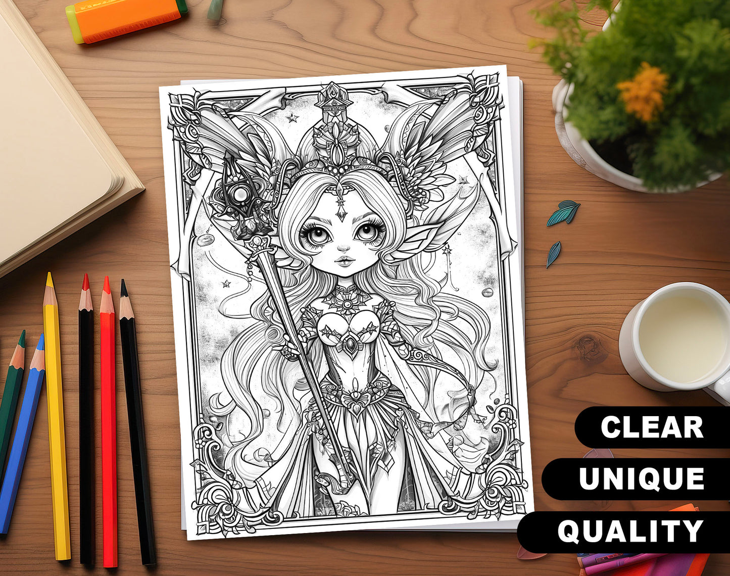50 Space Queen Grayscale Coloring Pages - Instant Download - Printable PDF Dark/Light