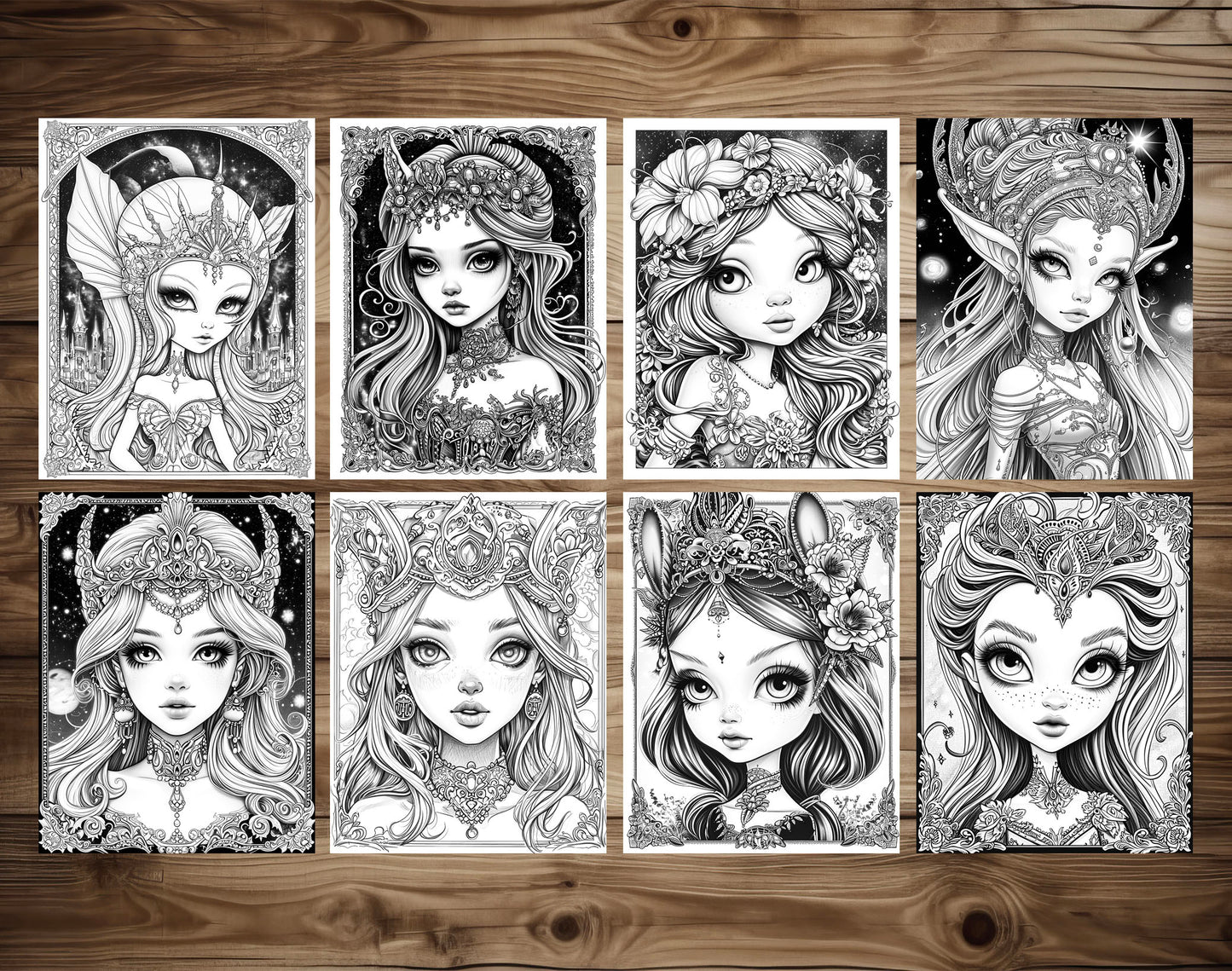 50 Space Queen Grayscale Coloring Pages - Instant Download - Printable PDF Dark/Light