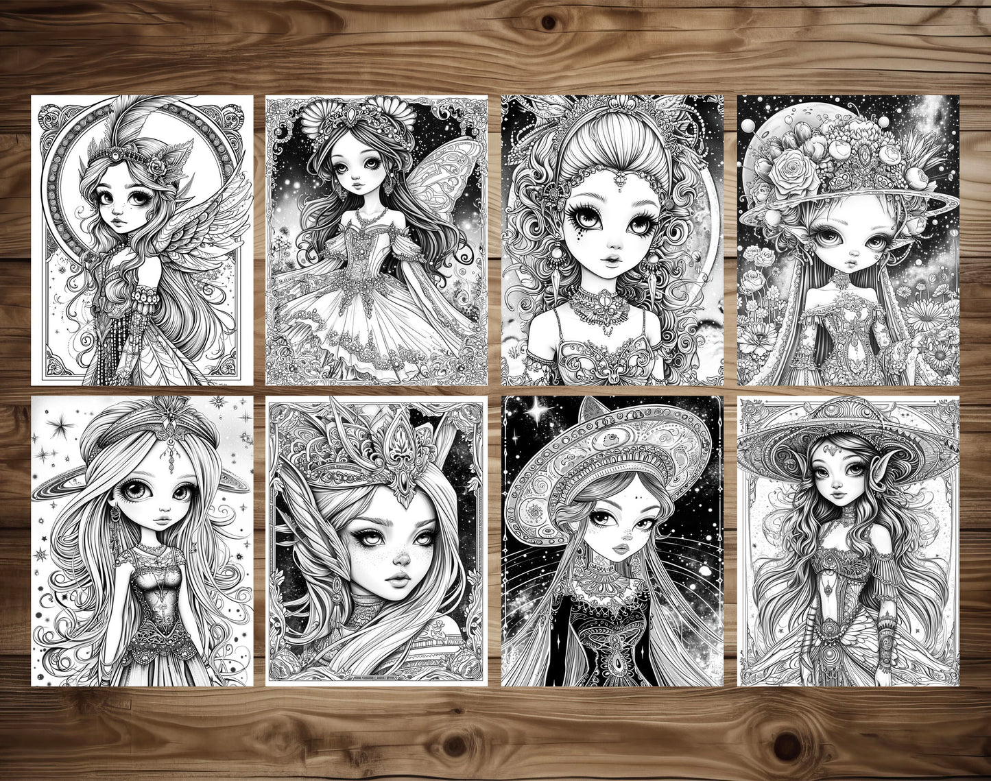 50 Space Queen Grayscale Coloring Pages - Instant Download - Printable PDF Dark/Light