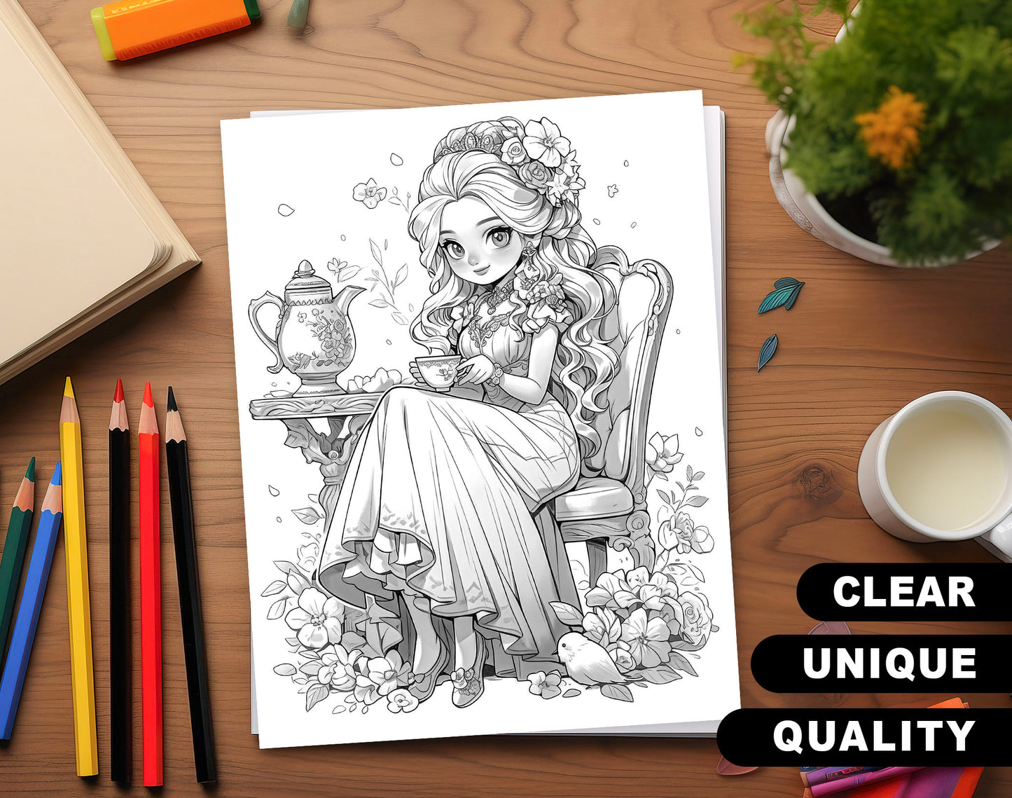 50 Spring Princess Grayscale Coloring Pages - Instant Download - Printable PDF Dark/Light
