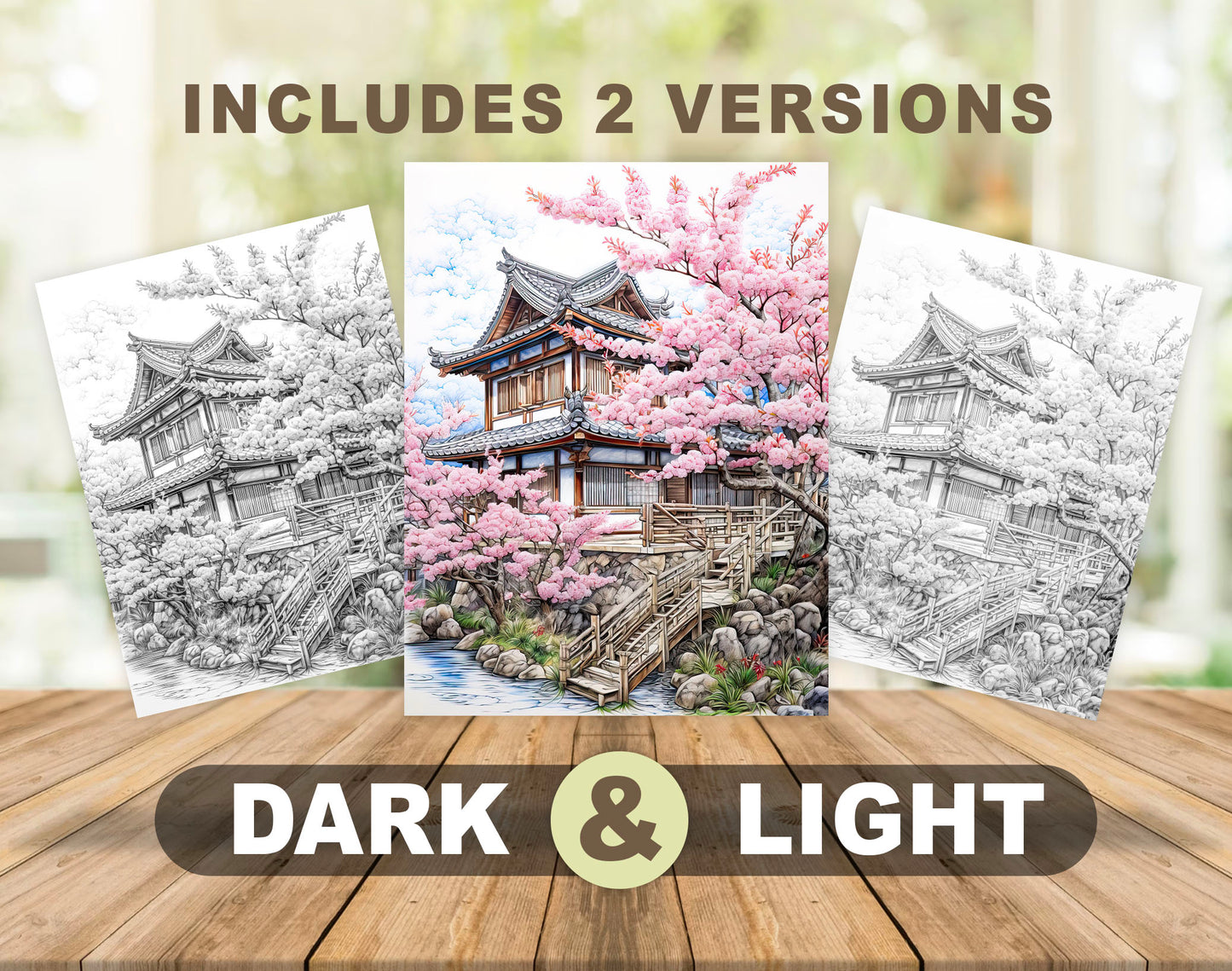 50 Spring Scene Grayscale Coloring Pages - Instant Download - Printable PDF Dark/Light