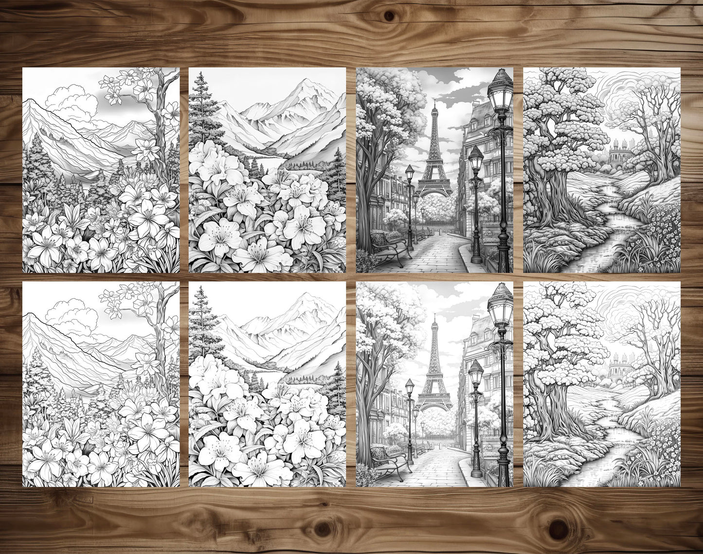 50 Spring Scene Grayscale Coloring Pages - Instant Download - Printable PDF Dark/Light