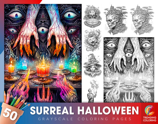 50 Surreal Halloween Grayscale Coloring Pages - Instant Download - Printable Dark/Light PDF