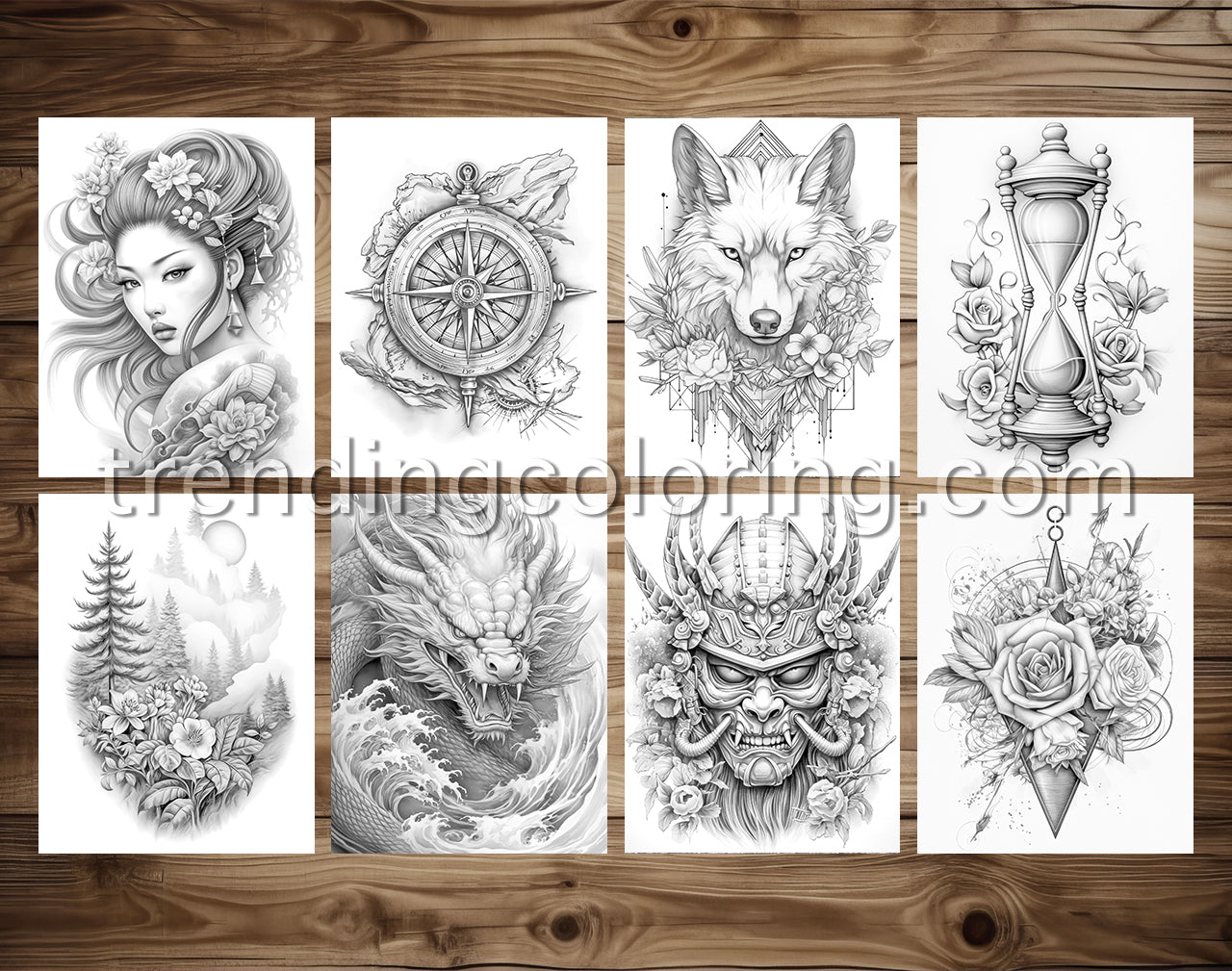 50 Tattoo Therapy Grayscale Coloring Pages- Instant Download - Printable Dark/Light