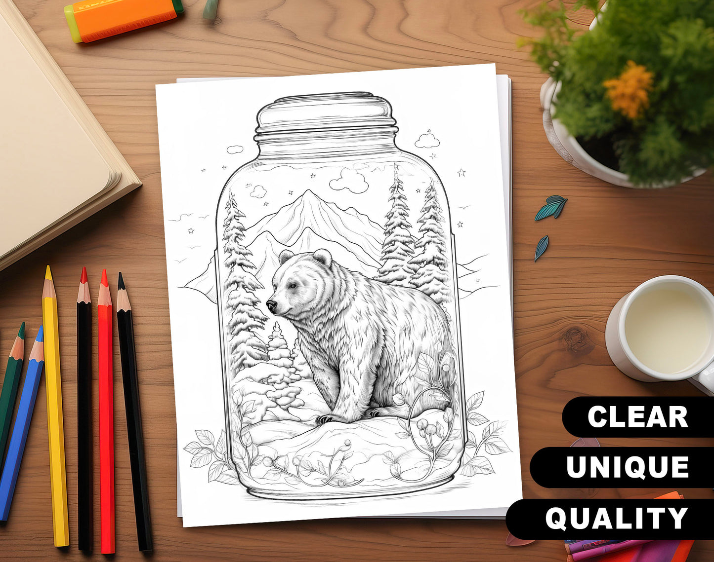 50 Winter Animal In Jar Grayscale Coloring Pages - Instant Download - Printable PDF Dark/Light