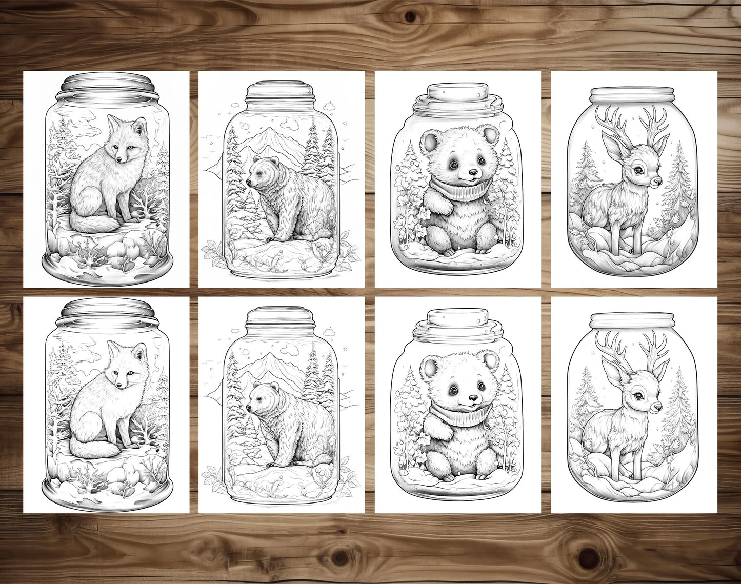 50 Winter Animal In Jar Grayscale Coloring Pages - Instant Download - Printable PDF Dark/Light