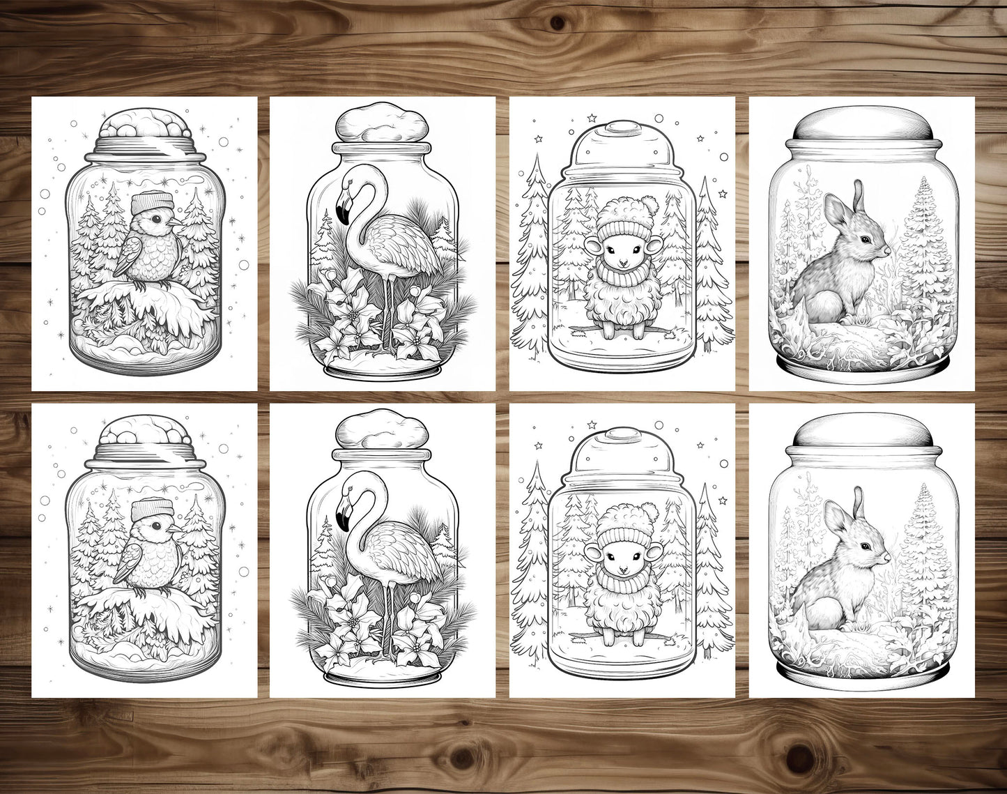 50 Winter Animal In Jar Grayscale Coloring Pages - Instant Download - Printable PDF Dark/Light