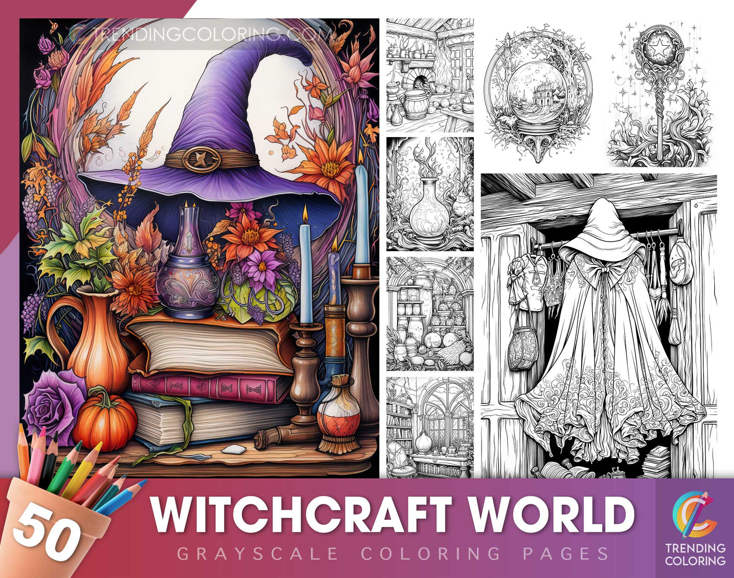50 Witchcraft World Grayscale Coloring Pages