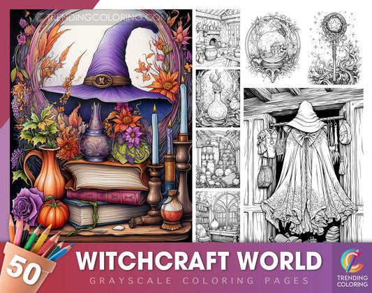 50 Witchcraft World Grayscale Coloring Pages