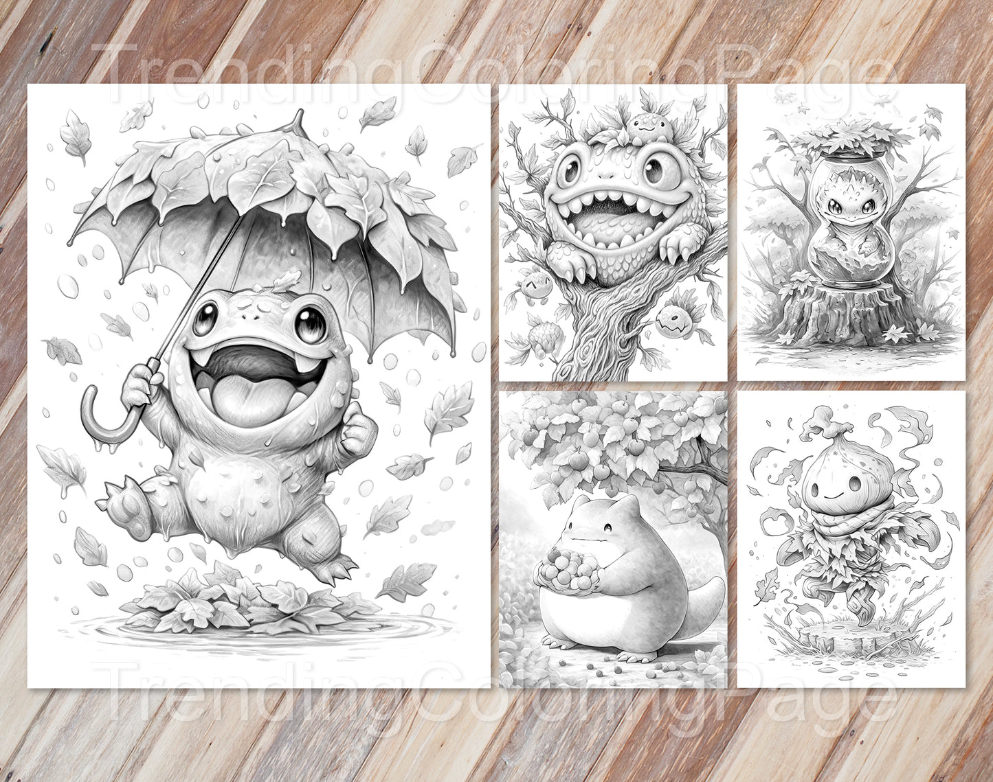 50 Adorable Autumn Monsters Grayscale Coloring Pages - Halloween Coloring - Instant Download - Printable PDF Dark/Light – preview 9