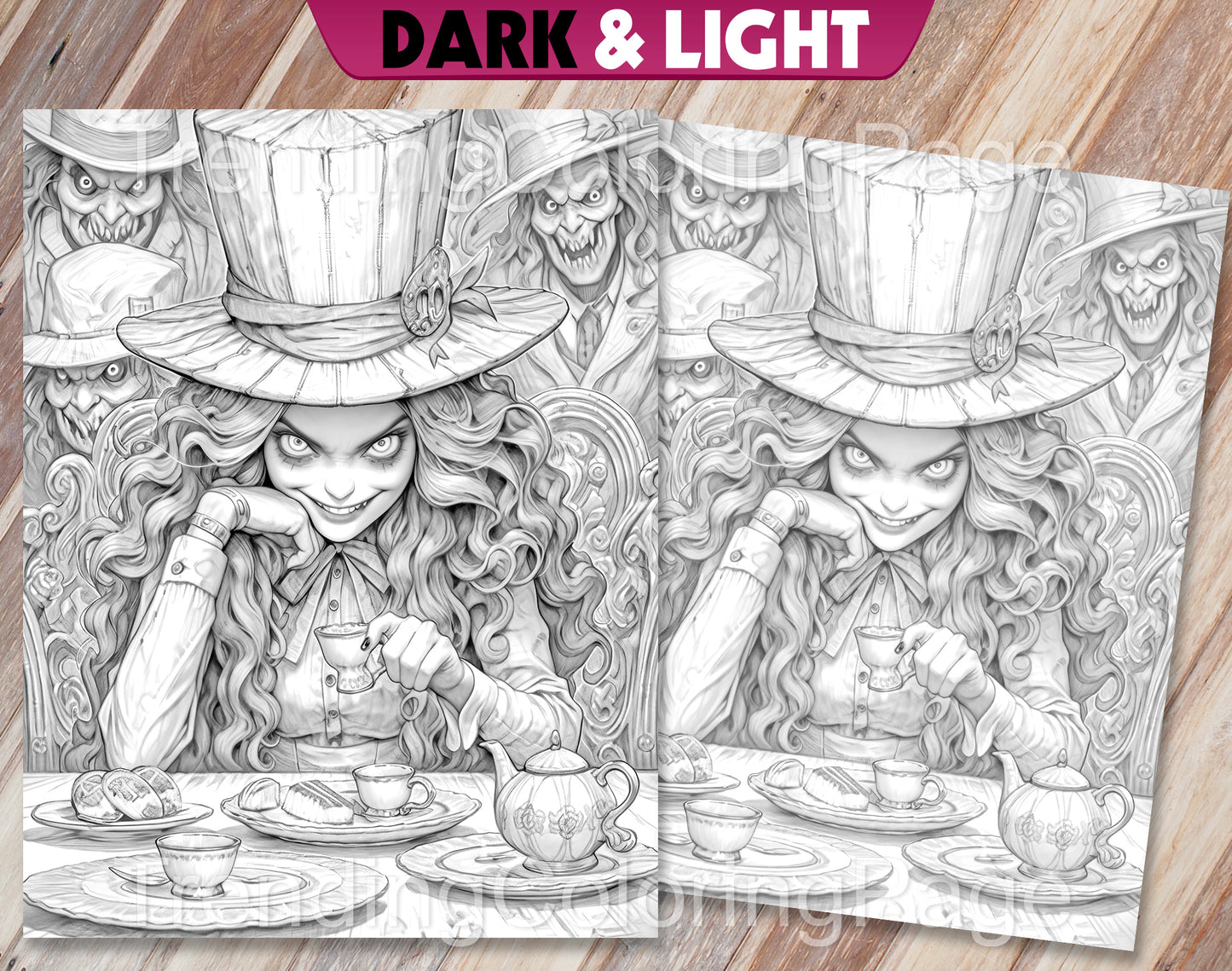 50 Alice in Halloweenland Grayscale Coloring Pages - Halloween Coloring - Instant Download - Printable PDF Dark/Light – preview 9