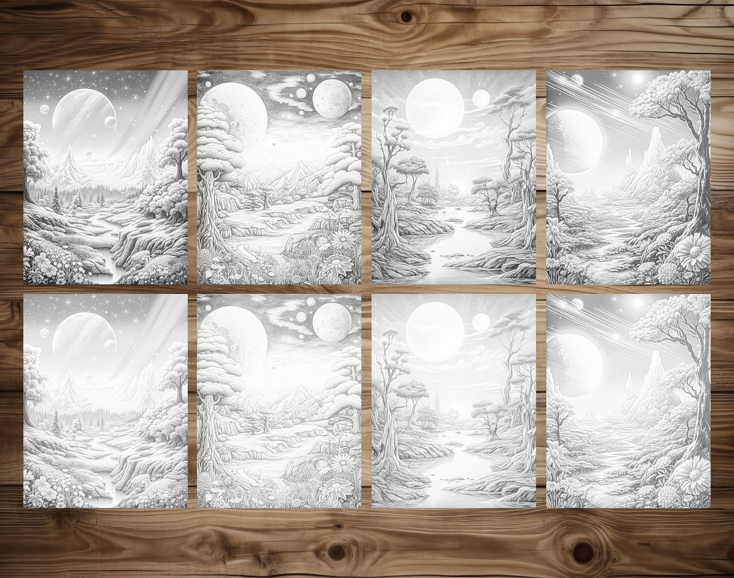 50 Celestial Space Grayscale Coloring Pages - Instant Download - Printable PDF Dark/Light – preview 7