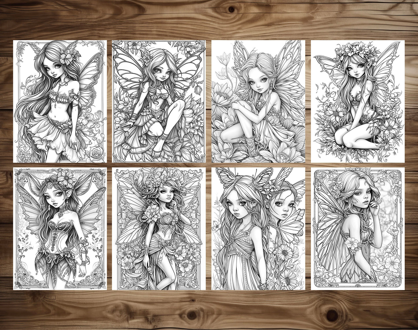 50 Fantasy Fairy Girl Grayscale Coloring Pages - Instant Download - Printable PDF Dark/Light – preview 6