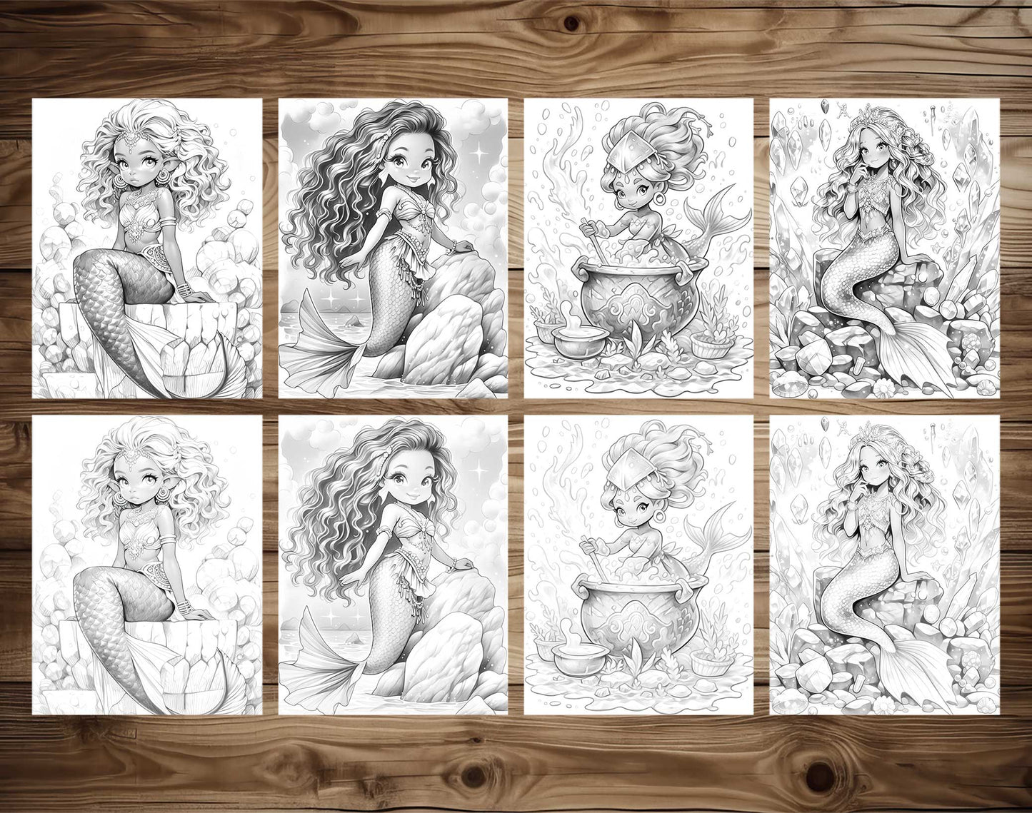 50 Kawaii Black Mermaid Grayscale Coloring Pages - Instant Download - Printable PDF Dark/Light – preview 7
