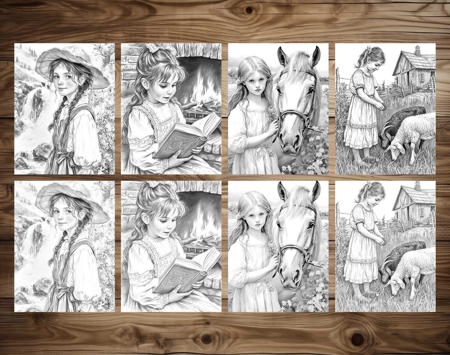 50 Little Prairie Girl Grayscale Coloring Pages - Instant Download - Printable PDF Dark/Light – preview 7