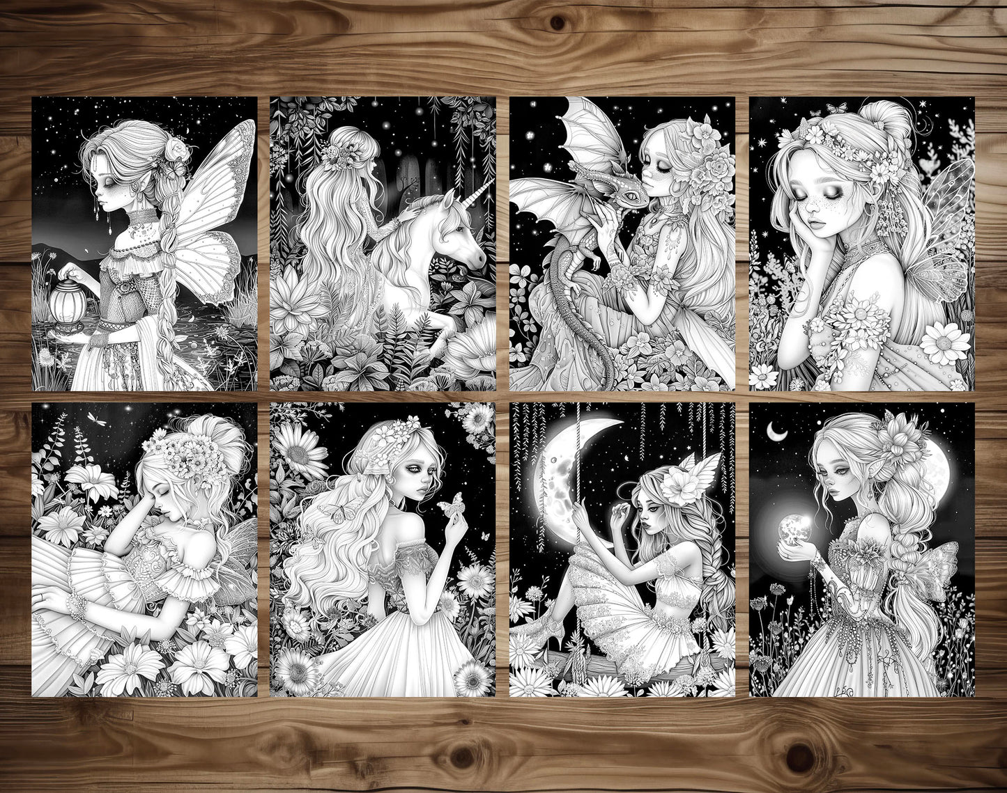 50 Midnight Fairies Grayscale Coloring Pages - Instant Download - Printable PDF Dark/Light – preview 6