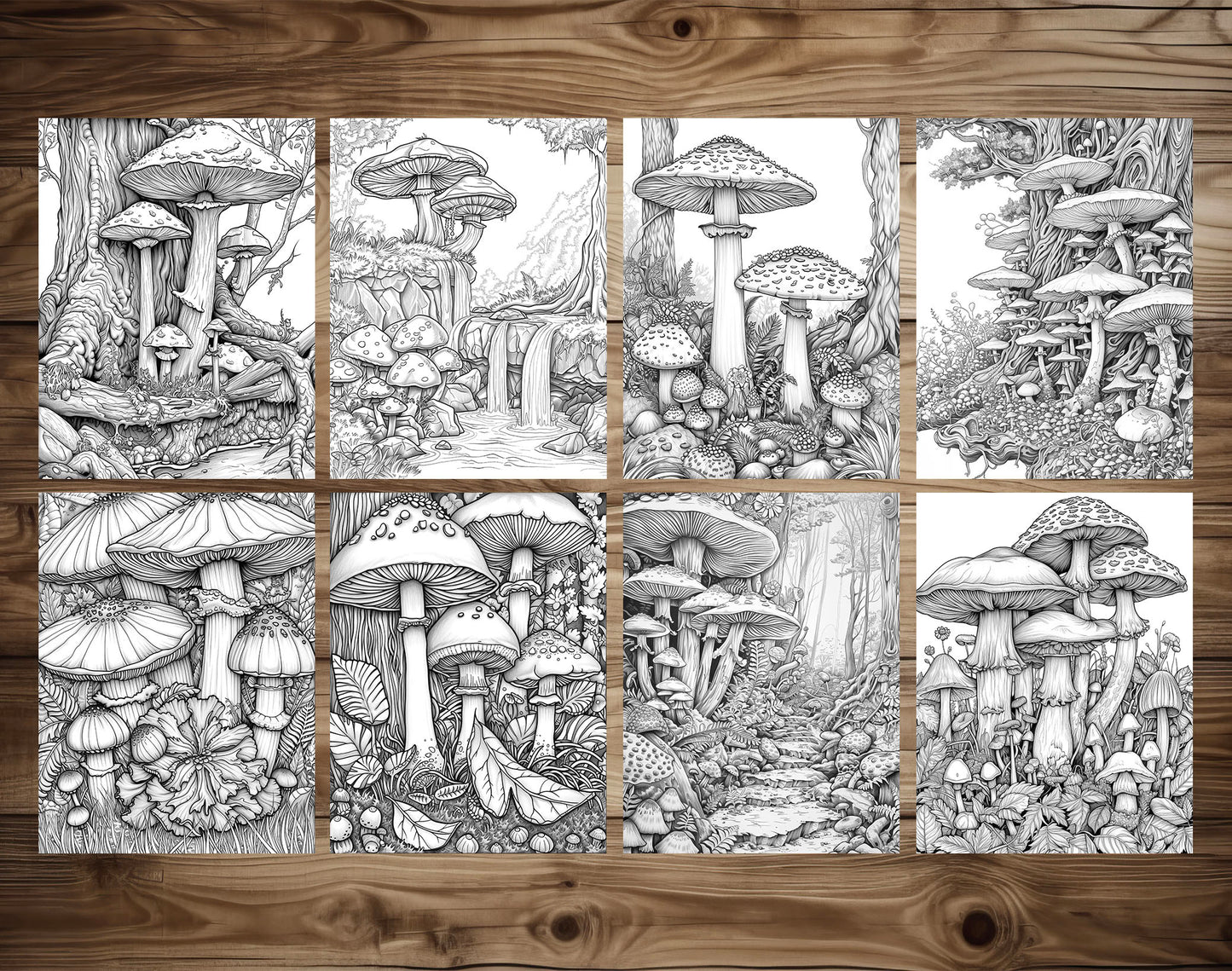 50 Mushroom Forest 2 Grayscale Coloring Pages - Instant Download - Printable PDF Dark/Light – preview 6