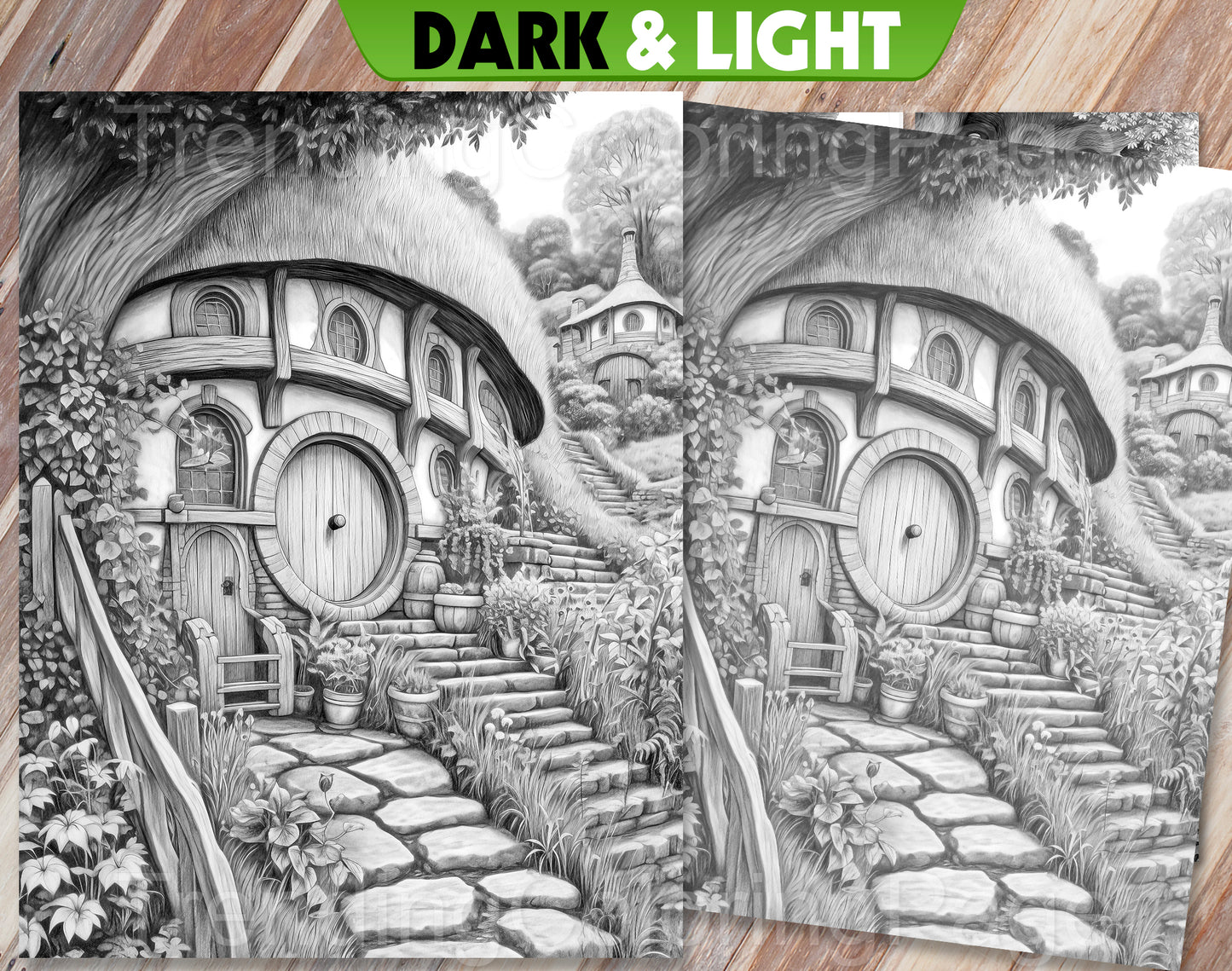 50 Mystical Woodland Retreat Grayscale Coloring Pages- Instant Download - Printable PDF Dark/Light – preview 10