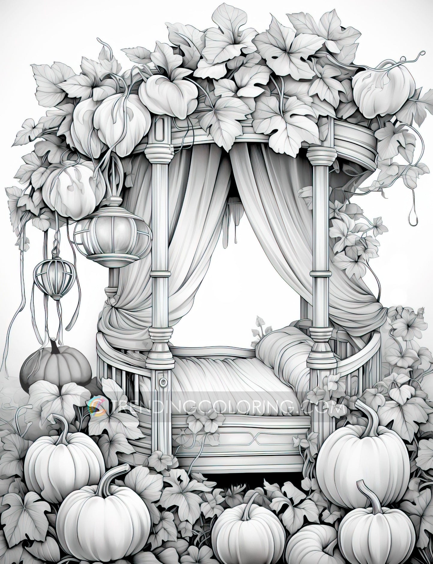 50 Pumpkin House Interiors Grayscale Coloring Pages - Halloween Coloring - Instant Download - Printable PDF Dark/Light – preview 9