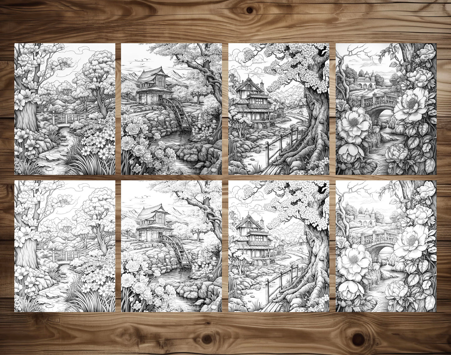 50 Spring Scene Grayscale Coloring Pages - Instant Download - Printable PDF Dark/Light – preview 7