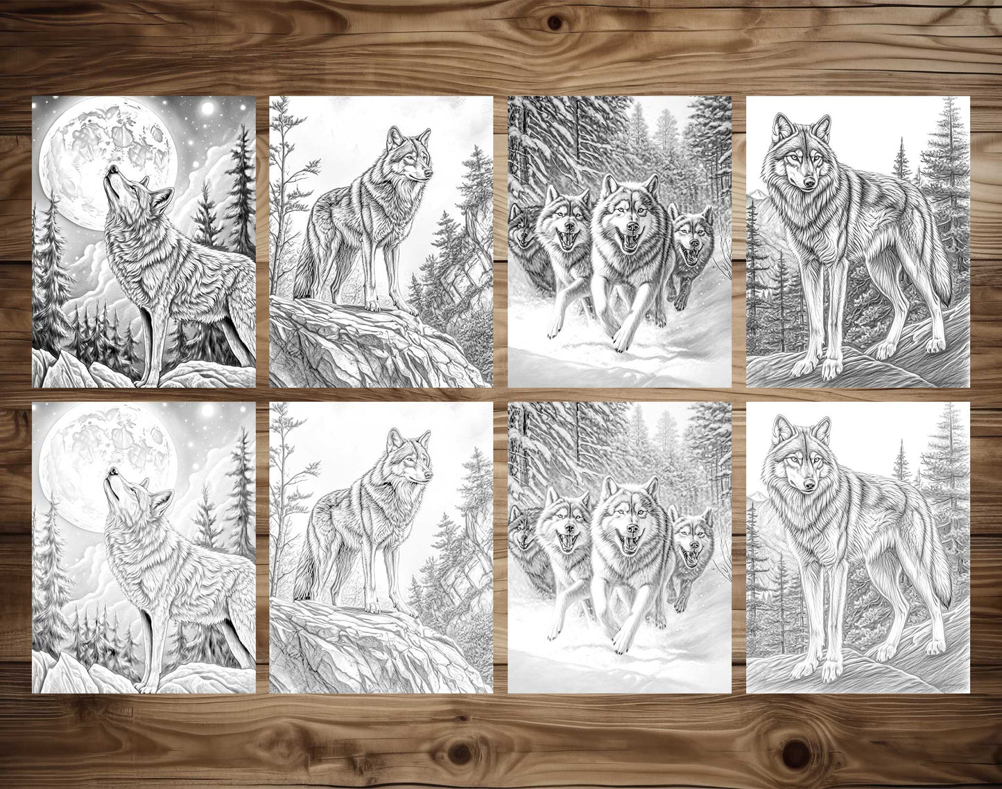 50 The Wild Wolf Grayscale Coloring Pages - Instant Download - Printable PDF Dark/Light – preview 7