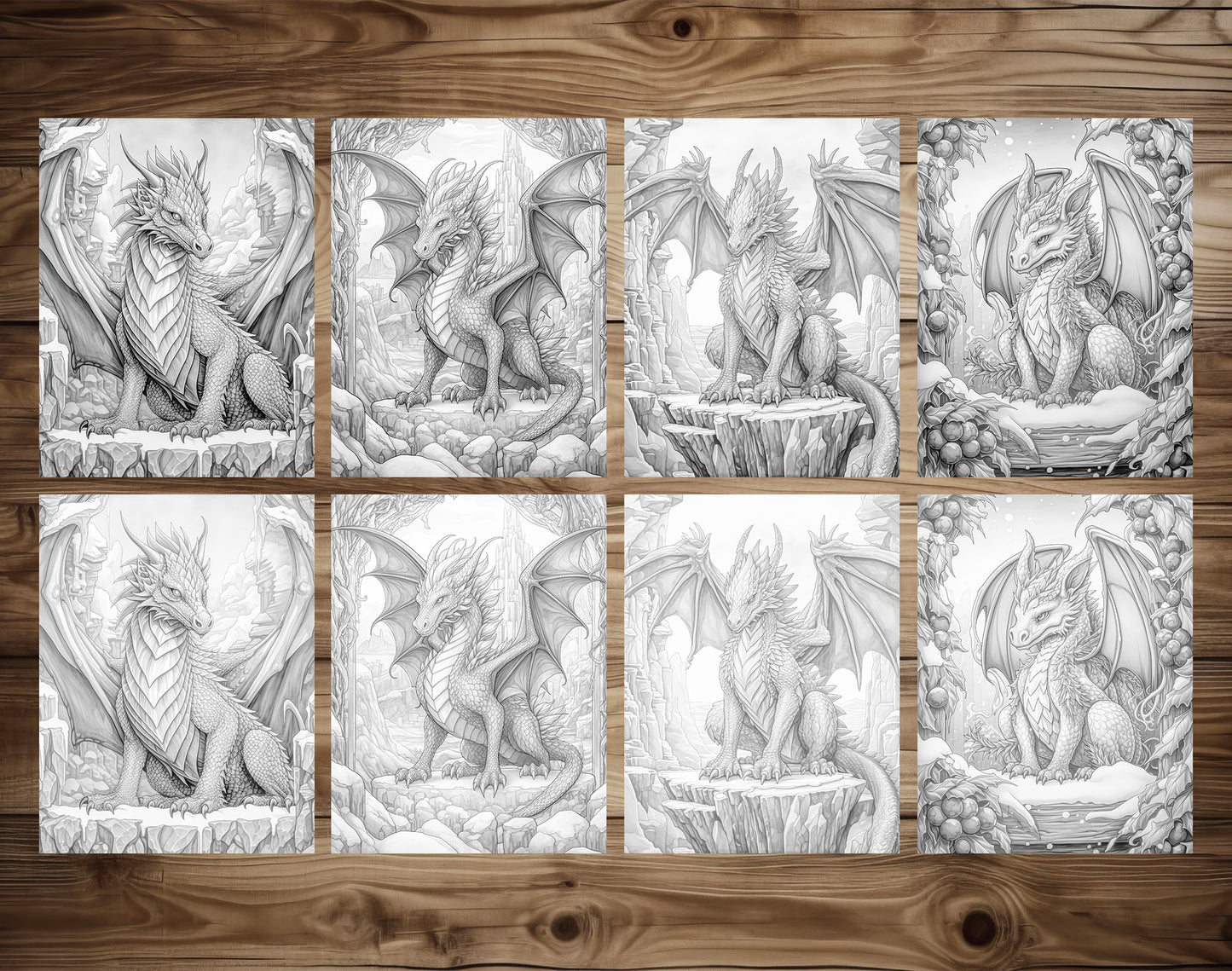 50 Winter Dragon Grayscale Coloring Pages - Instant Download - Printable PDF Dark/Light – preview 7